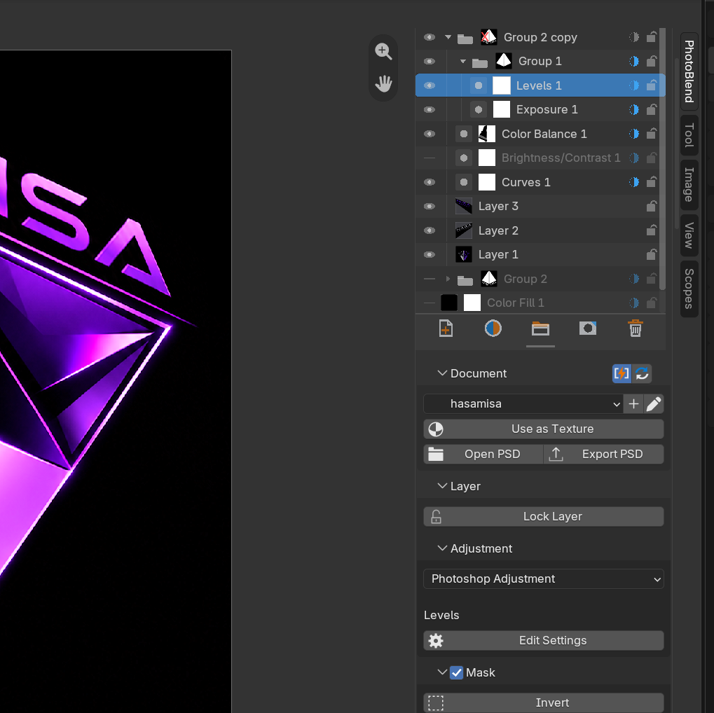 A real PhotoBlend PSD layer stack with groups and mask thumbnails