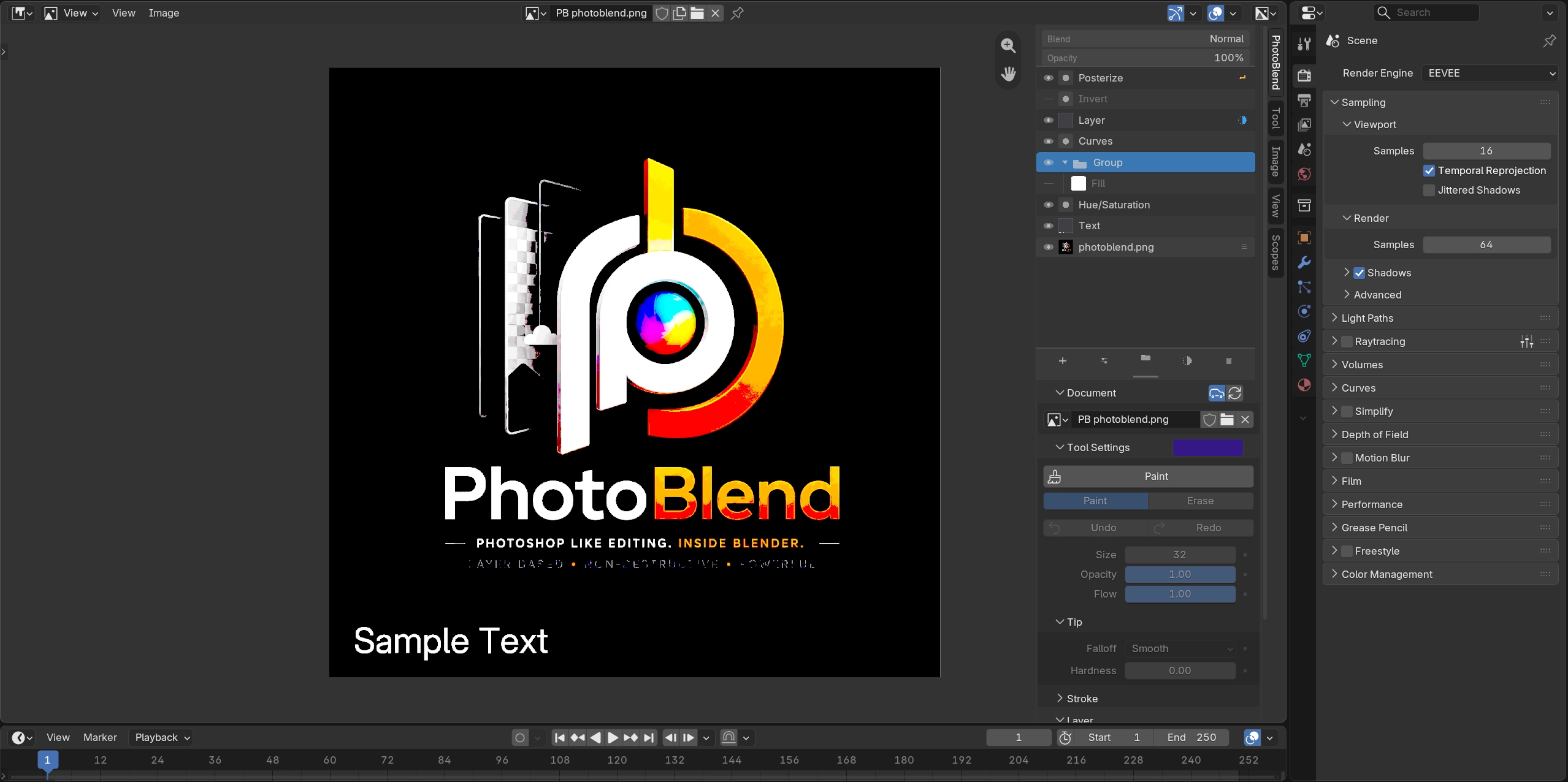 PhotoBlend running inside Blender with an image canvas and layer controls