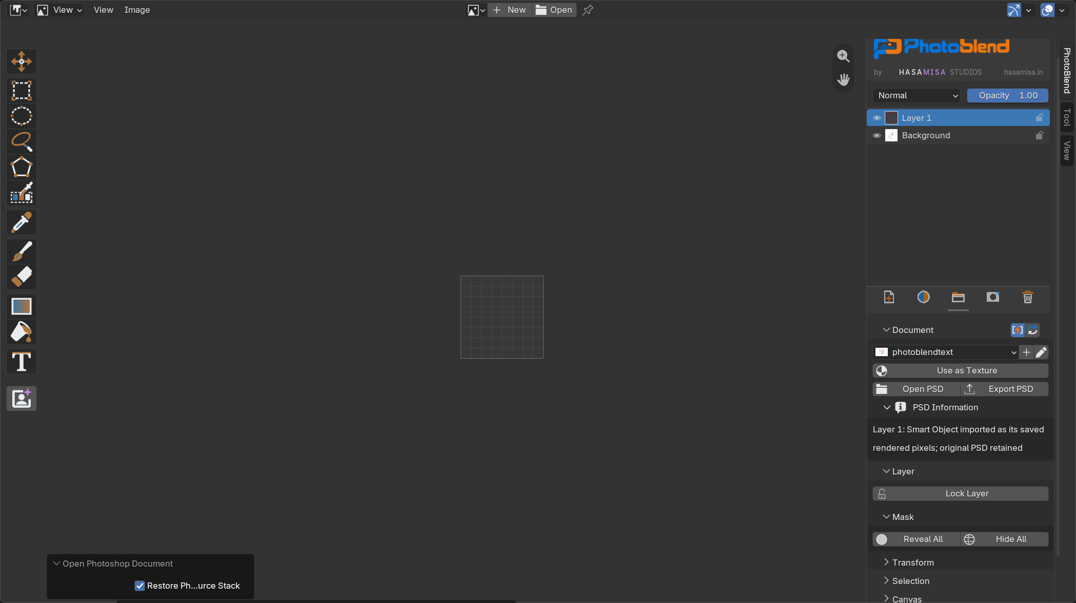 PhotoBlend's actual selection tools in its left toolbar